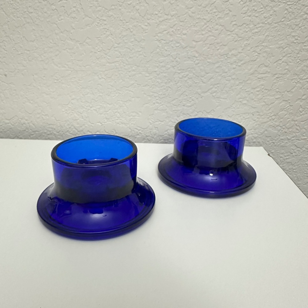 Vintage Cobalt Blue Glass Top Hat Ashtray Candle Toothpick Holder Pair Italy 3"